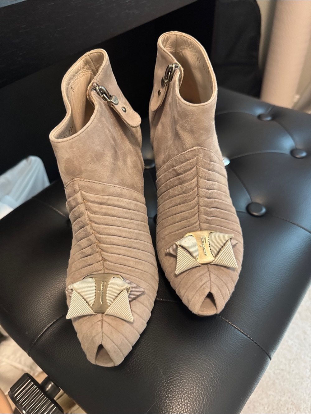 Salvatore Ferragamo Taupe Suede Quilted Peep-Toe Ankle Booties with Bow
